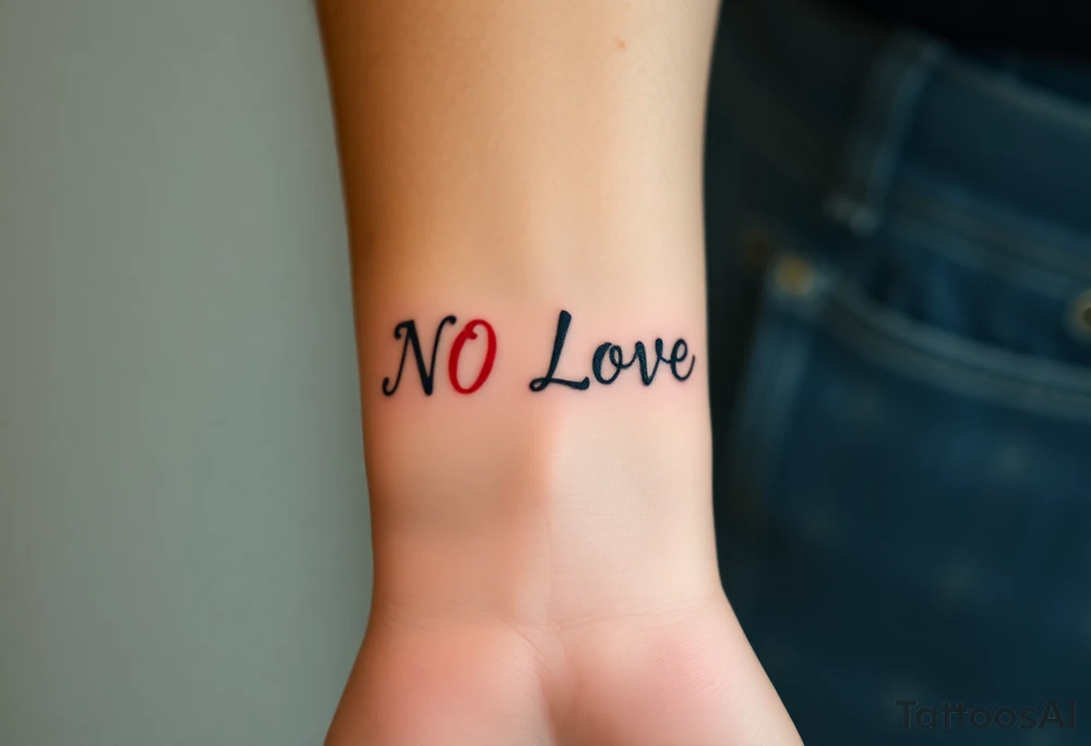 Red and black letters spell the word NO LOVE tattoo idea