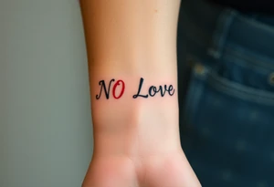 Red and black letters spell the word NO LOVE tattoo idea