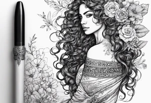 Spanish woman viking curly hair half with sword sleeve arm wildflowers tattoo idea