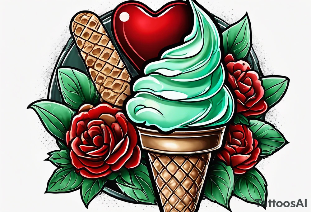 mint chocolate chip ice cream cone with small red heart on it somewhere. tattoo idea