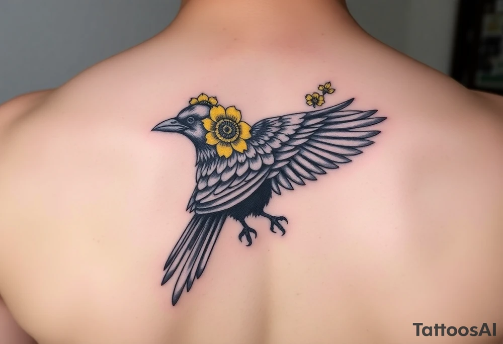 Crow with yellow flower crown and broken wing tattoo idea