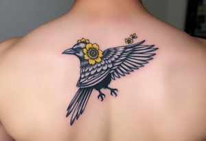Crow with yellow flower crown and broken wing tattoo idea