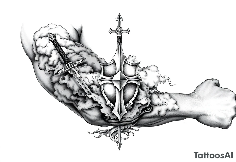 clouds, sword, shield, cross tattoo idea