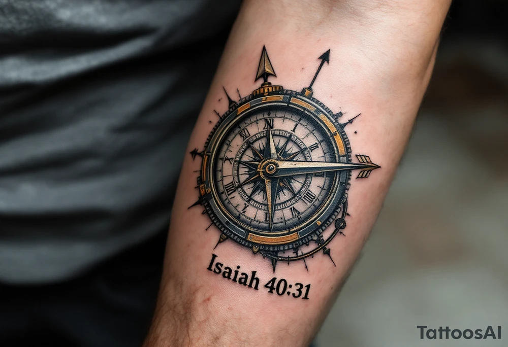 steampunk half compass/clock with a full-length arrow saying "Isaiah 40:31" tattoo idea