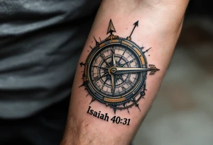 steampunk half compass/clock with a full-length arrow saying "Isaiah 40:31" tattoo idea