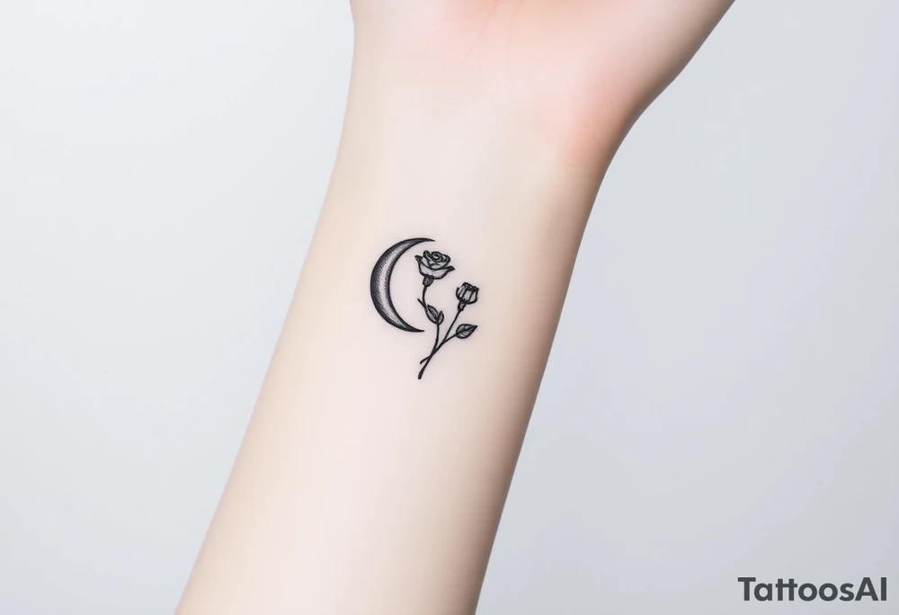 Small black and white tattoo waning crescent moon with small rose birth flower AND tiny Gemini gliph tattoo idea