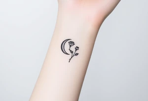 Small black and white tattoo waning crescent moon with small rose birth flower AND tiny Gemini gliph tattoo idea