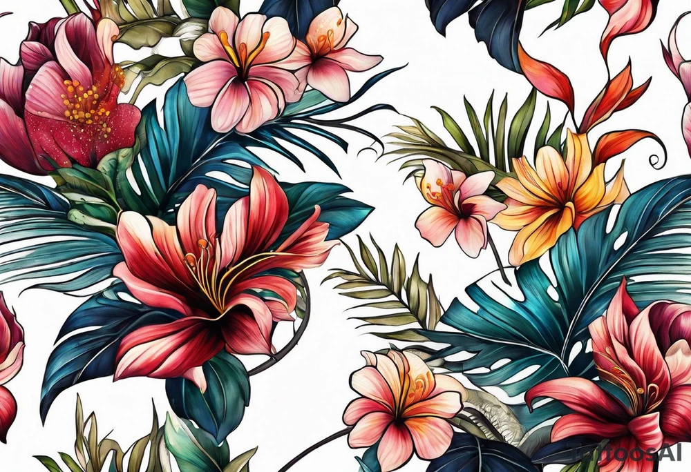sea, flower, palm tattoo idea