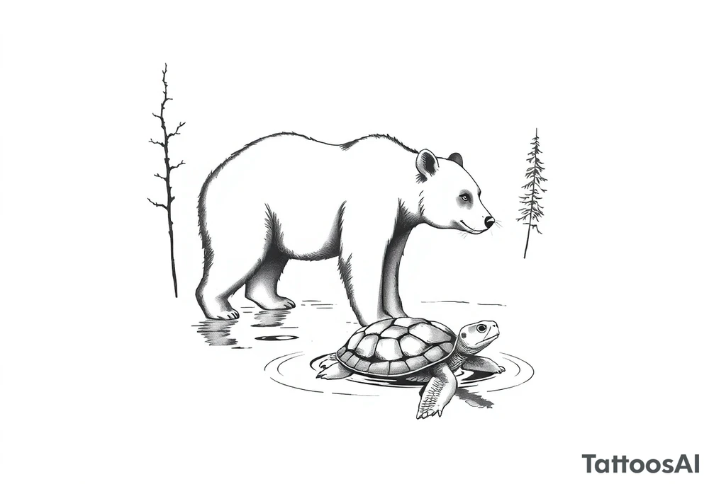 A bear in the Wild with a turtle in a lake tattoo idea