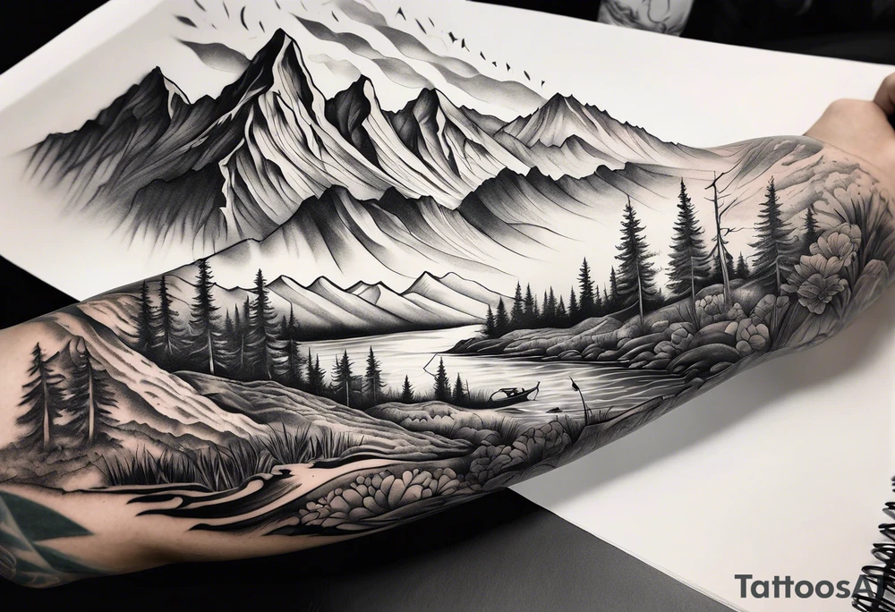 Sleeve with mountains, rivers, and fishing tattoo idea