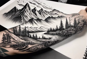 Sleeve with mountains, rivers, and fishing tattoo idea