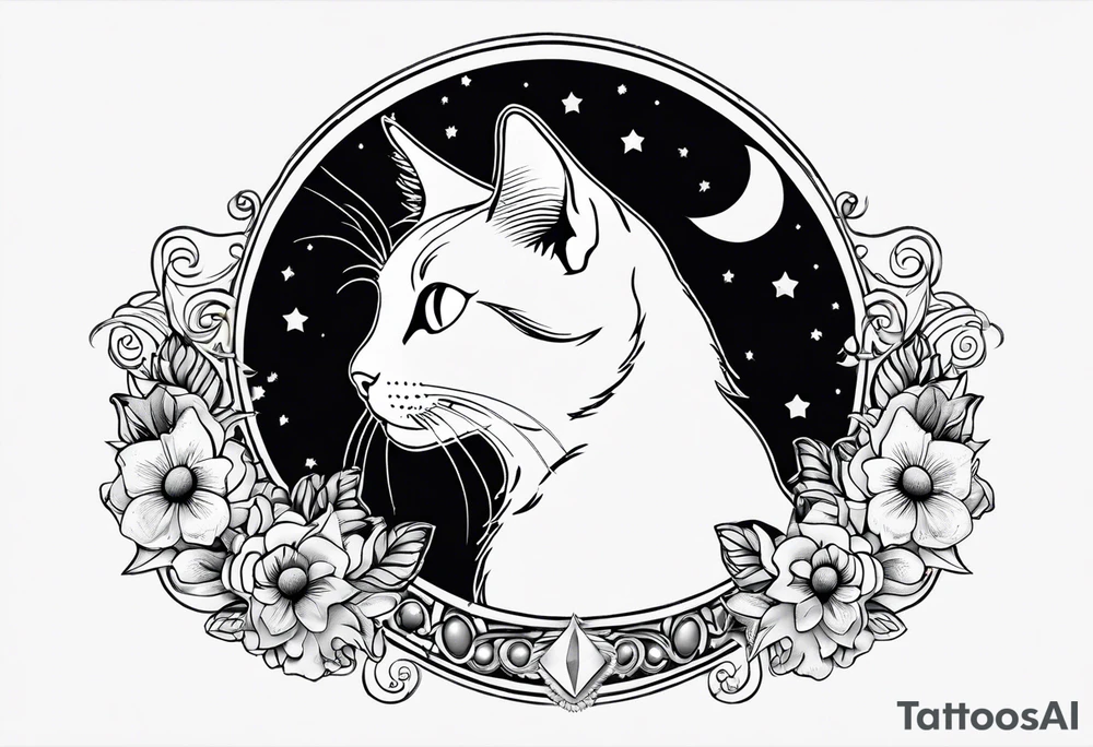 Photo realistic black cat head with moon and stars tattoo idea