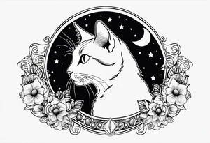 Photo realistic black cat head with moon and stars tattoo idea