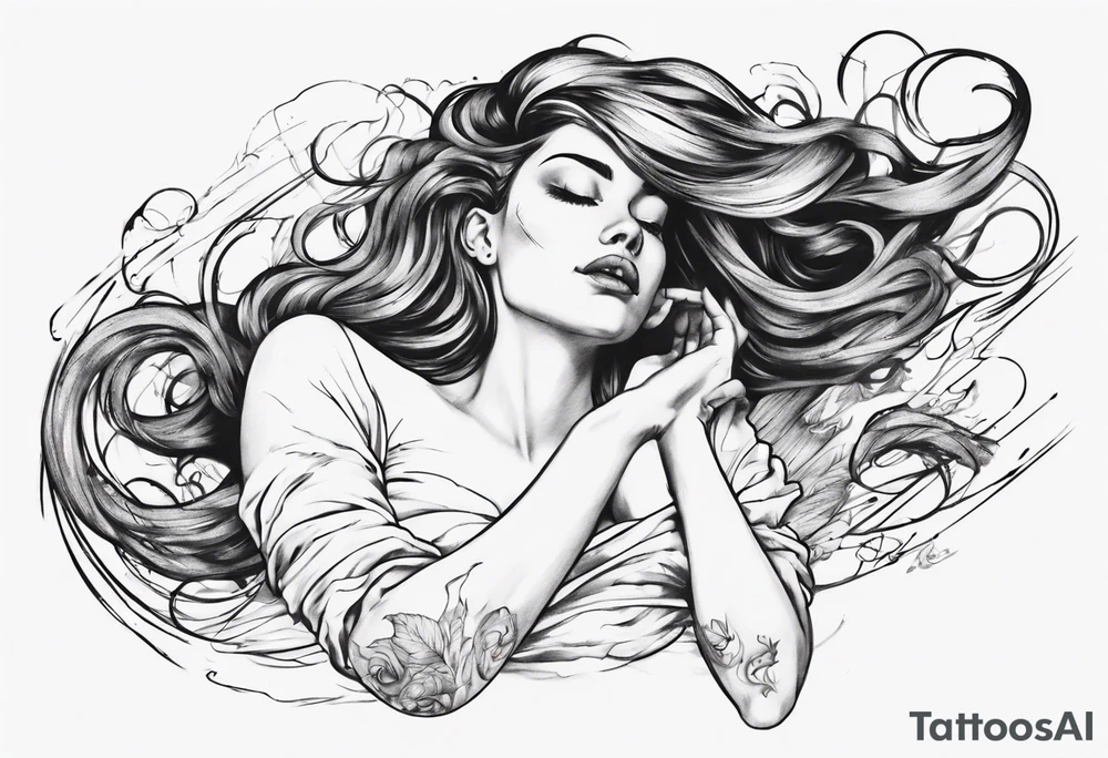 woman laying with her back facing the front and her hair flowing tattoo idea