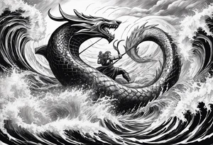 thor fighting sea serpent in the ocean during a hurricane tattoo idea