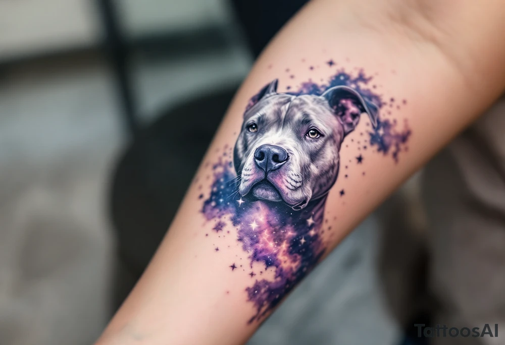 Galaxy-themed pitbull, blue-gray coat merging into a night sky filled with stars and nebula textures in purples, blues, and soft whites, symbolizing depth and loyalty beyond this world. tattoo idea