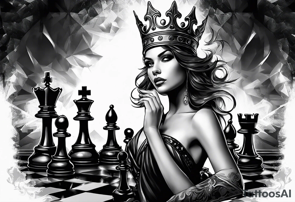 Capture the intense moment of checkmate in the game, with the angelic queen delivering the final move, signaling the triumph of good over evil in this strategic battle. tattoo idea