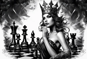 Capture the intense moment of checkmate in the game, with the angelic queen delivering the final move, signaling the triumph of good over evil in this strategic battle. tattoo idea