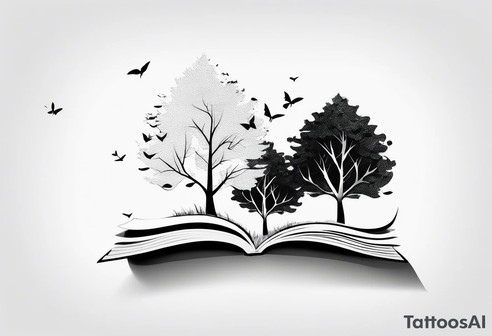 3 trees on a grassy hill with leaves blowing away in the breeze. The leaves transform into tiny pages torn out of a book. tattoo idea