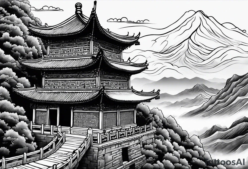 Chinese wall, realistic,chinese art, sky tattoo idea