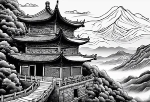 Chinese wall, realistic,chinese art, sky tattoo idea