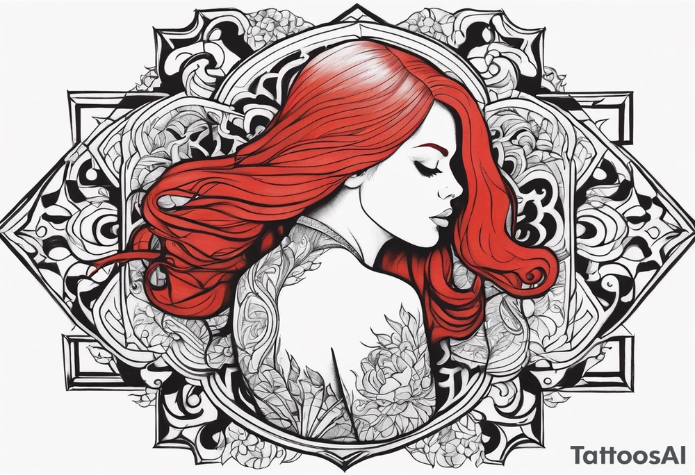 Busty red hair woman with bearded man black hair tattoo idea