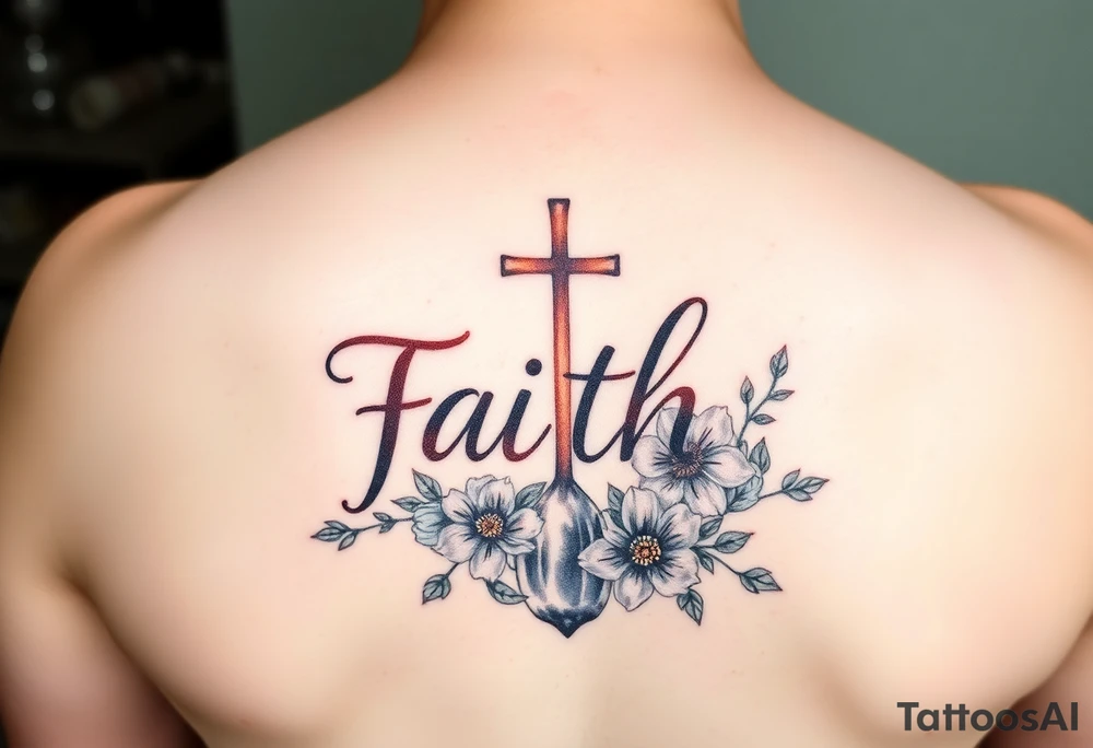 Smaller tattoo with the word faith in brown a cross for the t and waterfall flowers for April twins tattoo idea