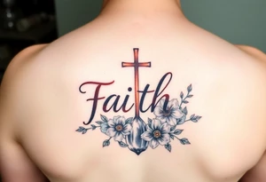 Smaller tattoo with the word faith in brown a cross for the t and waterfall flowers for April twins tattoo idea