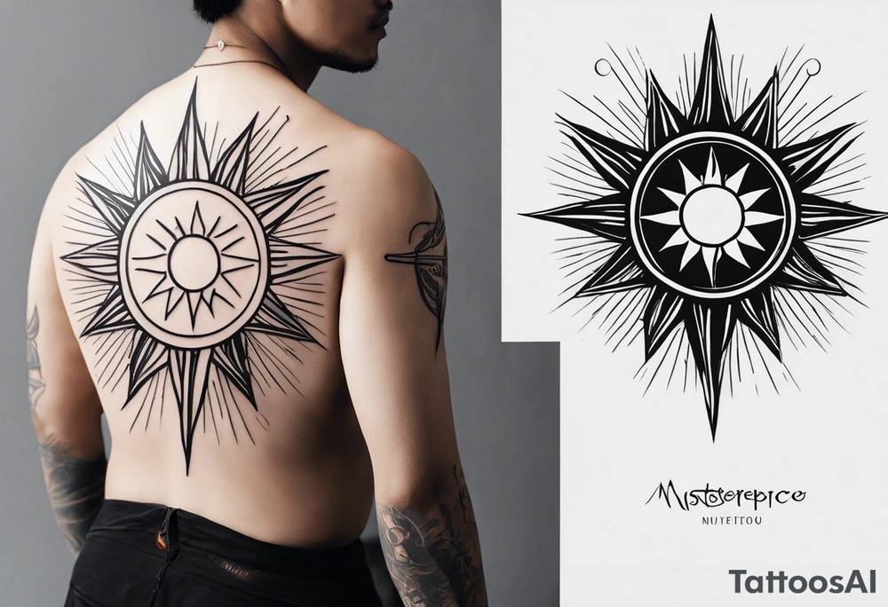 a mixture of minimalist/fine line/tribal tattoo design that is mainly minimalist with fine lines. unique Design of the sun that resembles a connection to the sun. It further resembles the sun's energy. Make it simple to draw and focus on the rays of sunshine
unique shape
simple design tattoo idea