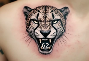 angry cheetah with the number 62 in its mouth tattoo idea