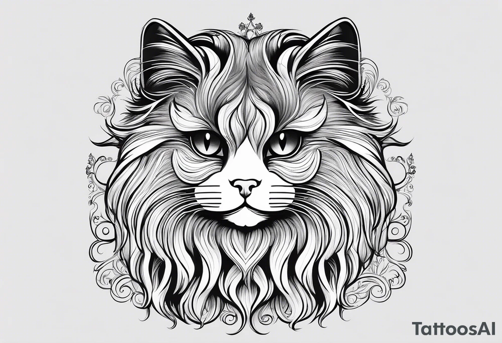 Generate a tattoo design of a long-haired Persian cat with soft, flowing lines, highlighting its luxurious fur in a minimalist style. tattoo idea