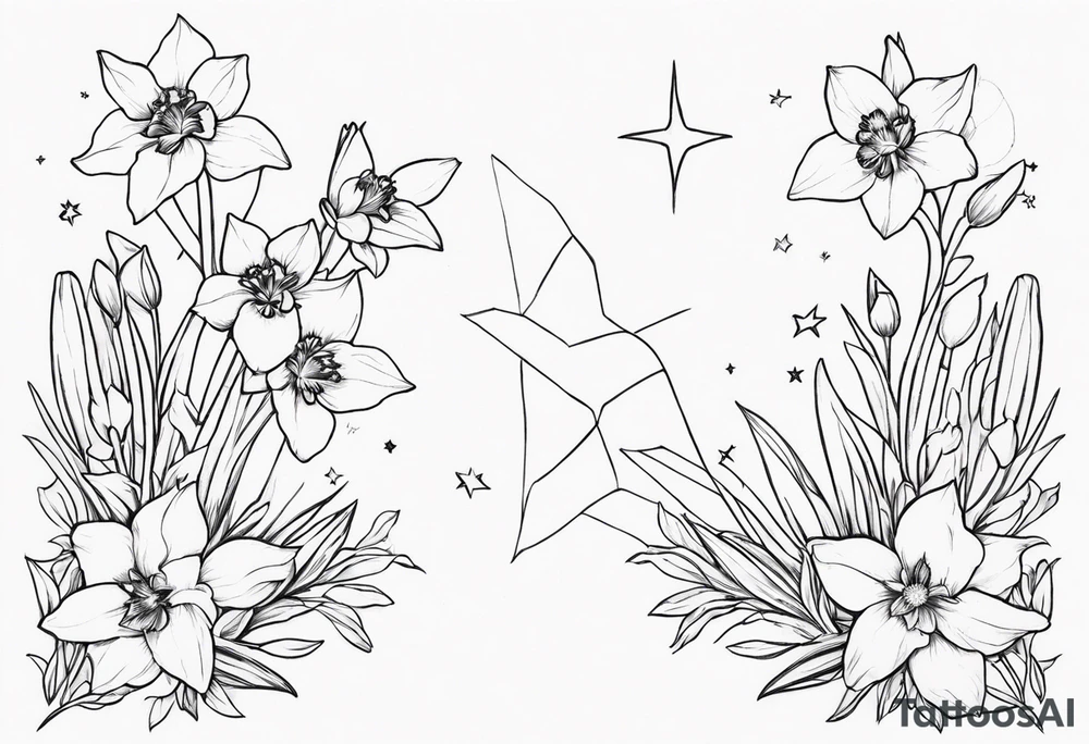 Larkspur, narcissus and stars tattoo idea
