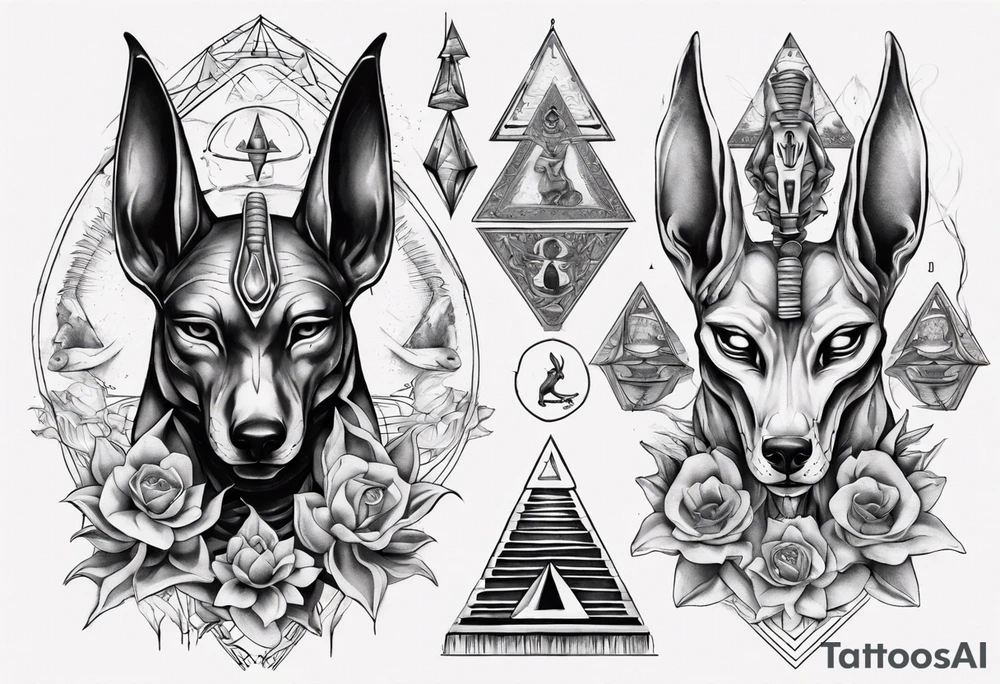 Anubis with snakes, skulls, lotus, and pyramids tattoo idea