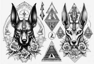 Anubis with snakes, skulls, lotus, and pyramids tattoo idea