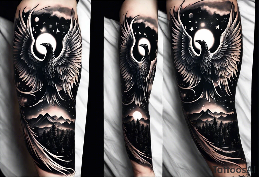 A full sleeve tattoo on ym rights arm 
showing A large phoenix over my shoulder  A person/angel flying through a starry night sky, Some witches or salem witch trial type imagery  a blacked out silhouette from a picture of my band after a show tattoo idea
