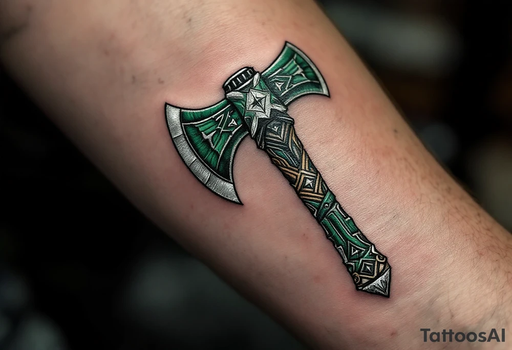 A dark green Perun's axe tattoo with carved wooden textures and silver highlights, symbolizing strength and masculine protection. tattoo idea