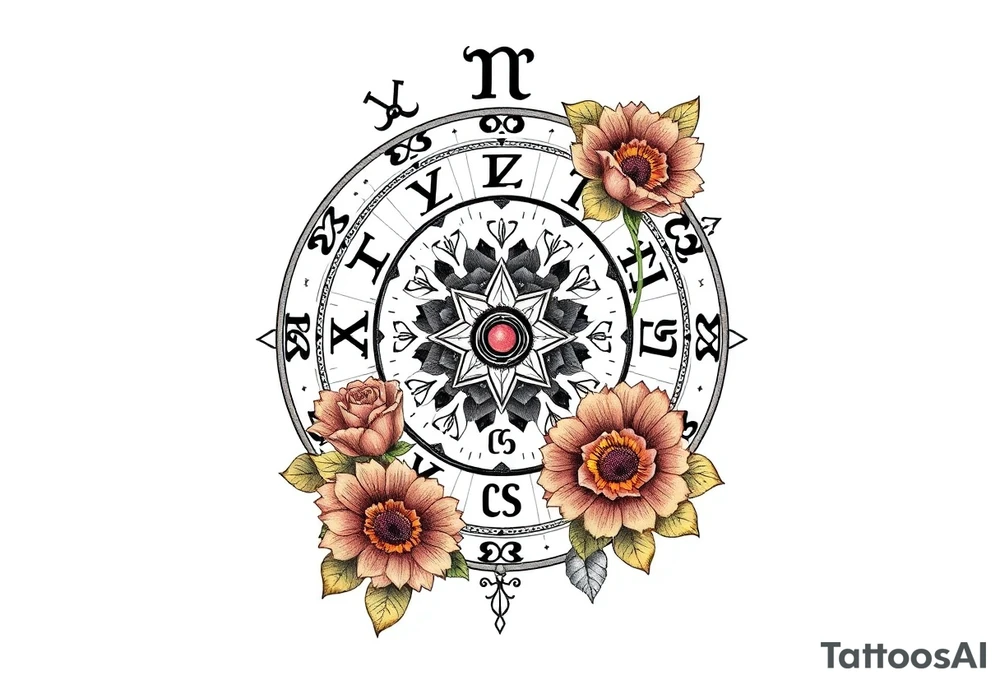zodiac symbols and Norse runes within ornate clockwork mechanism with roses lilly sunflowers tattoo idea
