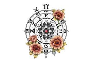 zodiac symbols and Norse runes within ornate clockwork mechanism with roses lilly sunflowers tattoo idea