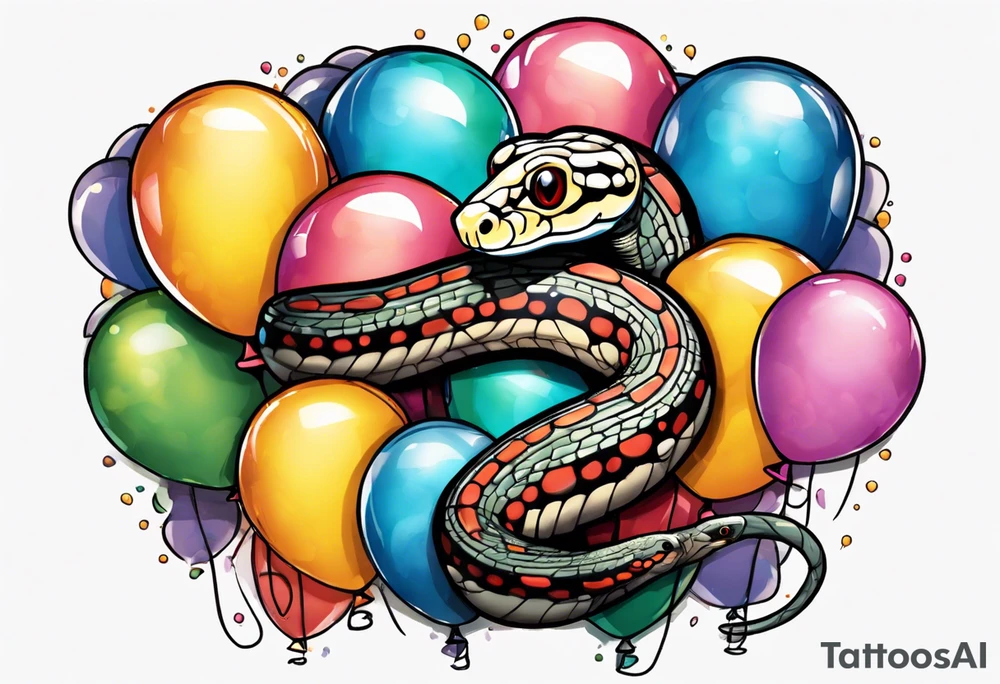 ballpython sorrounded by colored balloons tattoo idea