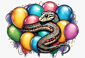 ballpython sorrounded by colored balloons tattoo idea