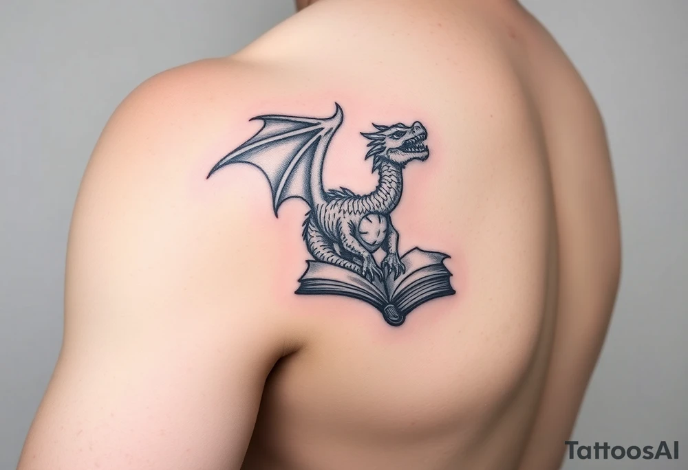 sleeve, fantasy, incorporates existing small tattoo of a dragon flying out of a book located just above the back of the elbow

Dungeons and Dragons
Warcraft
Lord of the Rings
Forgotten Realms tattoo idea
