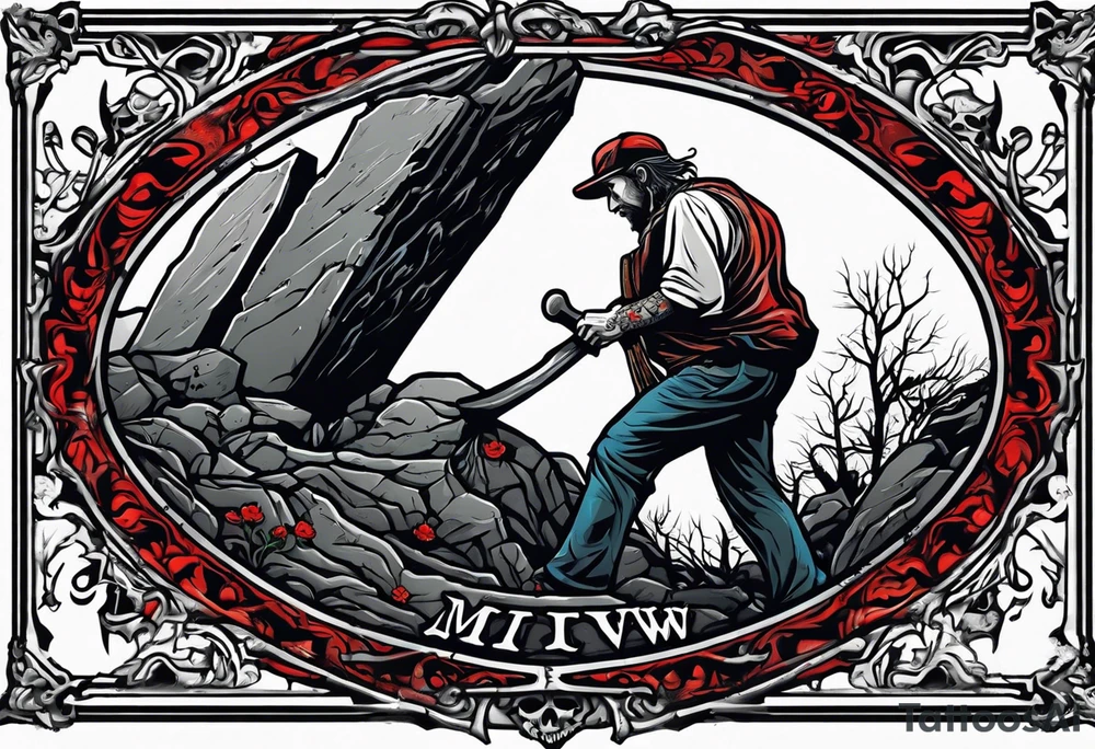 Man climbing out of grave. 
MIW Reincarnate written on gravestone tattoo idea