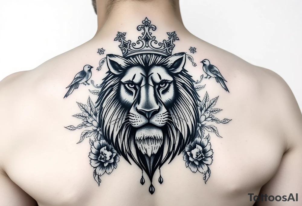 powerful majestic lion with a crown, surrounded by floral ornaments and birds tattoo idea