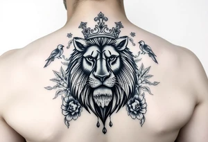powerful majestic lion with a crown, surrounded by floral ornaments and birds tattoo idea