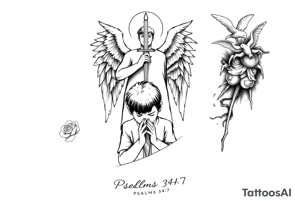 A boy praying in front of a candle casting a shadow in behind him. A guardian angel stands behind him holding a sword pointing into the ground, above the angel are barely visable demons, below everything is the bible verse Psalms 34:7. A rose and dove should be incorporated as well as gothic and fine line tattoo work. tattoo idea