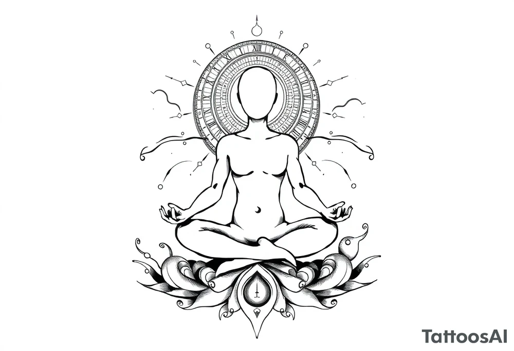 a figure - just a shadow /outline sitting in cross cross position meditating based on the lyrics “doing time in the universal mind” by the doors - with a psychedelic trippy background that correlates to TIME as the meditation expands out from his head into the universe / cosmos tattoo idea