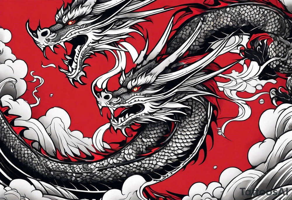 dragon irezumi arm sleeve in black and red with water and lightning tattoo idea