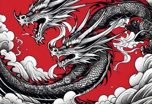 dragon irezumi arm sleeve in black and red with water and lightning tattoo idea