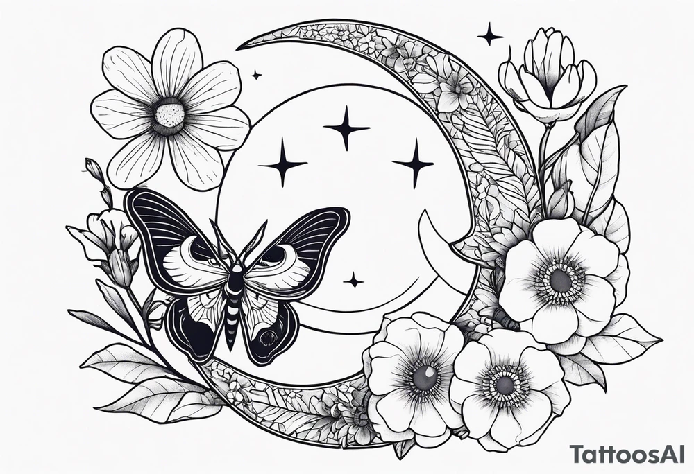 Moth, moon, snake, flowers tattoo idea