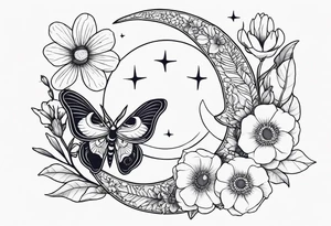 Moth, moon, snake, flowers tattoo idea